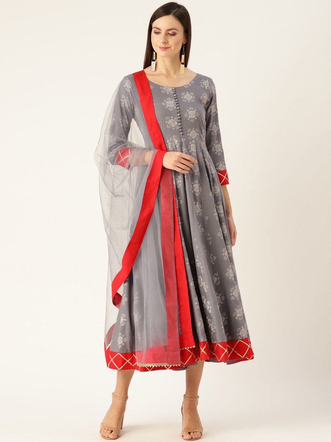 Women's Grey Ethnic Motifs Printed Round Neck Viscose Rayon A-Line Dress - Nayo Clothing