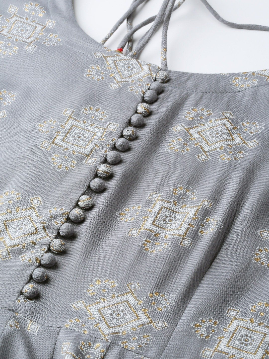 Women's Grey Ethnic Motifs Printed Round Neck Viscose Rayon A-Line Dress - Nayo Clothing
