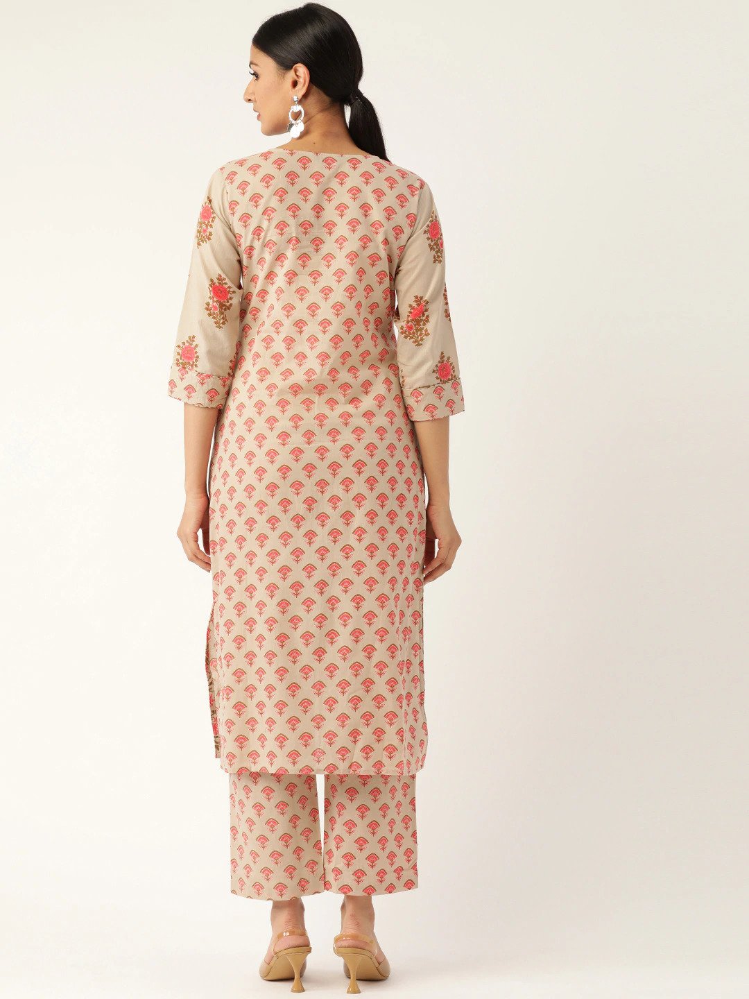 Women's Beige & Pink Printed Kurta With Palazzos - Nayo Clothing
