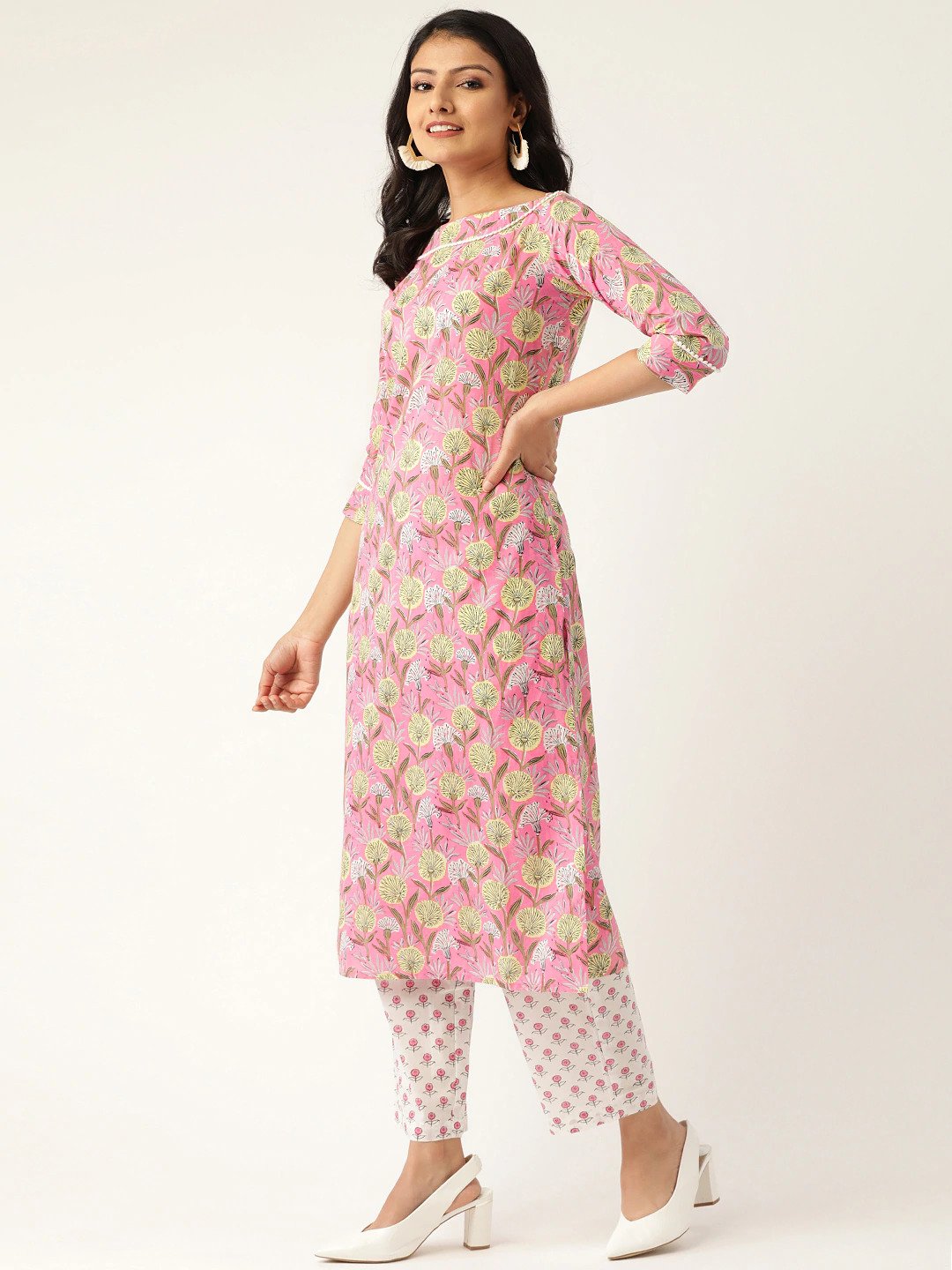 Women's Pink & White Printed Kurta With Palazzos - Nayo Clothing
