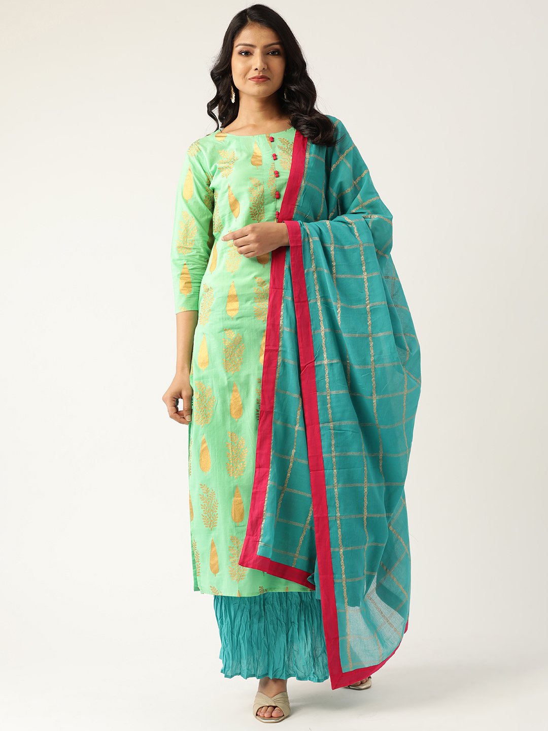 Women's Green & Turquoise Blue Printed Kurta With Skirt & Dupatta - Nayo Clothing