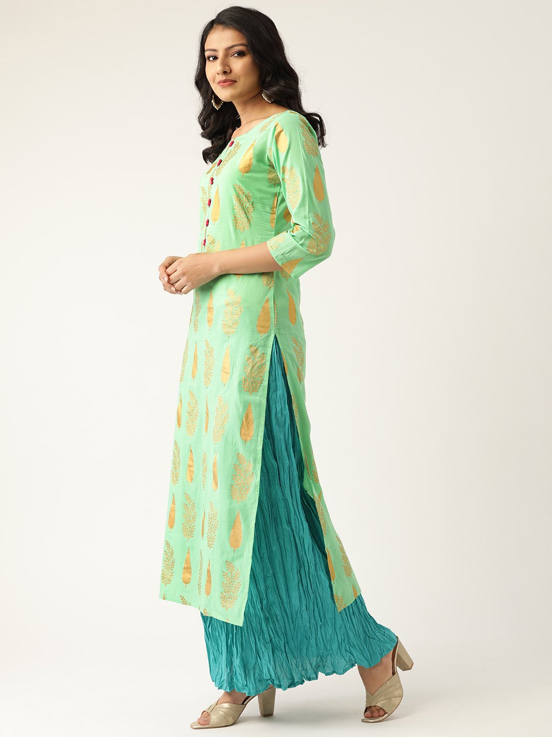 Women's Green & Turquoise Blue Printed Kurta With Skirt & Dupatta - Nayo Clothing