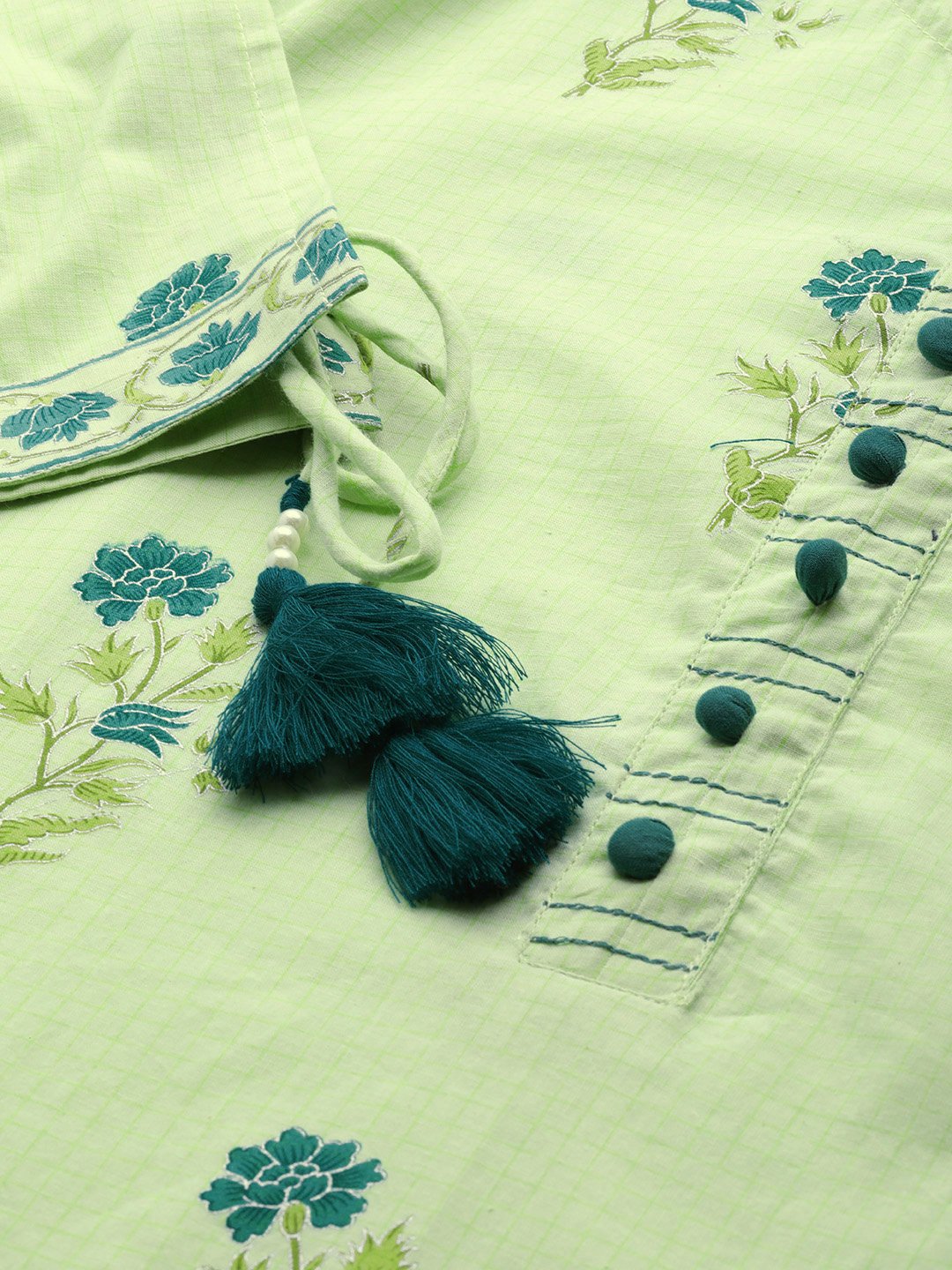 Women's Pista Green Calf Length Three-Quarter Sleeves Straight Floral Printed Cotton Kurta - Nayo Clothing