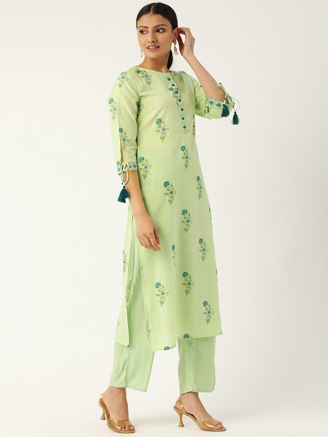 Women's Pista Green Calf Length Three-Quarter Sleeves Straight Floral Printed Cotton Kurta - Nayo Clothing
