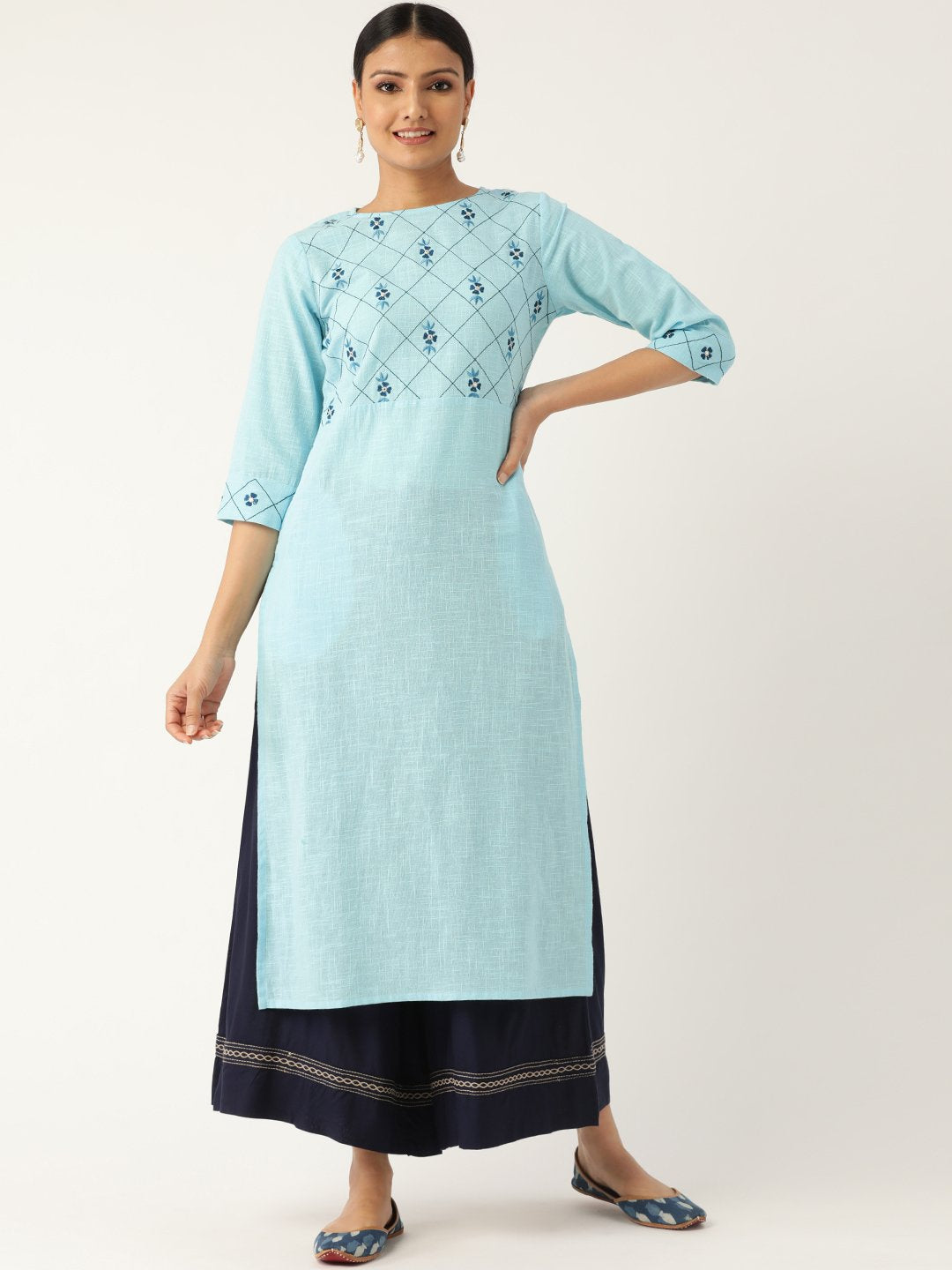 Women's Blue Calf Length Three-Quarter Sleeves Straight Solid Embroidered Cotton Kurta - Nayo Clothing