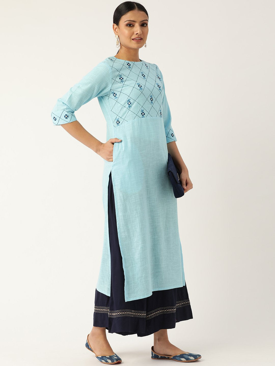 Women's Blue Calf Length Three-Quarter Sleeves Straight Solid Embroidered Cotton Kurta - Nayo Clothing