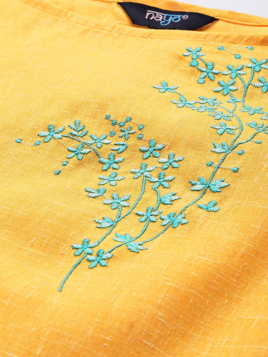 Women's Yellow Calf Length Three-Quarter Sleeves Straight Solid Embroidered Cotton Kurta - Nayo Clothing