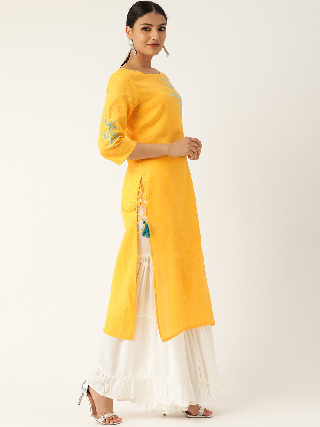 Women's Yellow Calf Length Three-Quarter Sleeves Straight Solid Embroidered Cotton Kurta - Nayo Clothing