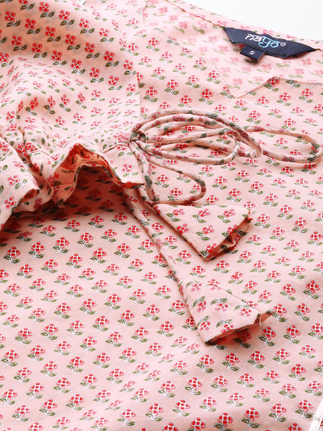 Women's Baby Pink Calf Length Three-Quarter Sleeves Straight Floral Printed Cotton Kurta - Nayo Clothing