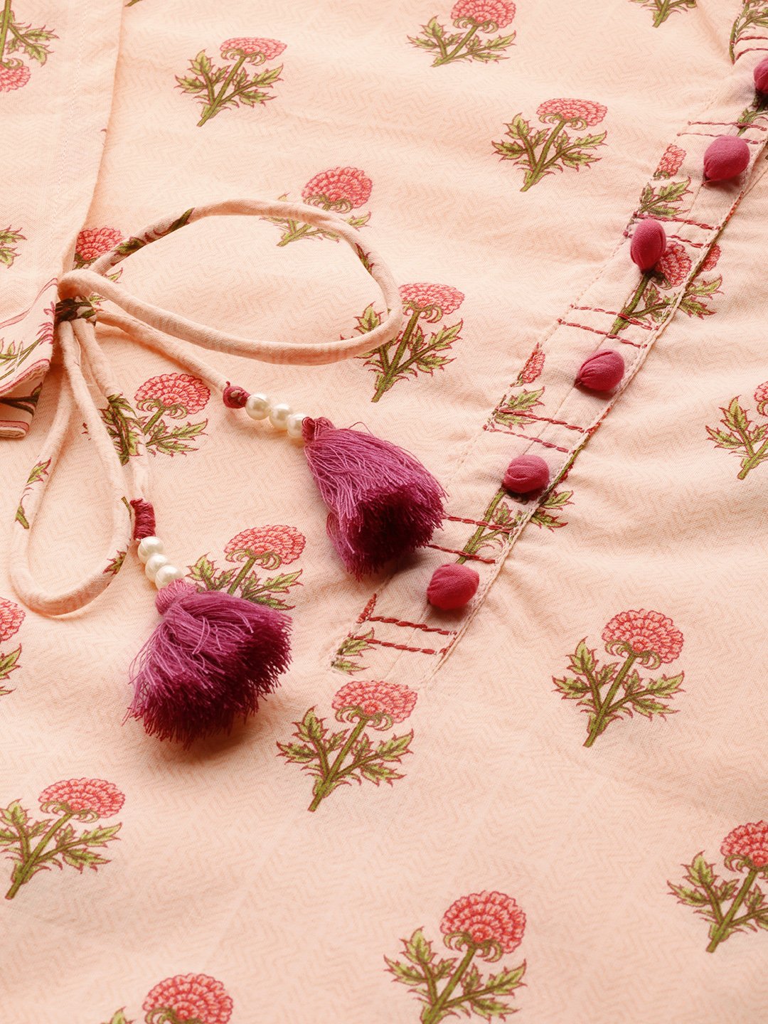Women's Peach Calf Length Three-Quarter Sleeves Straight Floral Printed Cotton Kurta - Nayo Clothing