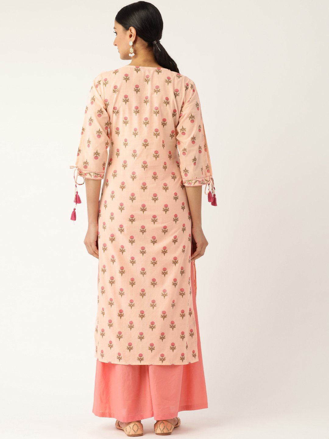 Women's Peach Calf Length Three-Quarter Sleeves Straight Floral Printed Cotton Kurta - Nayo Clothing
