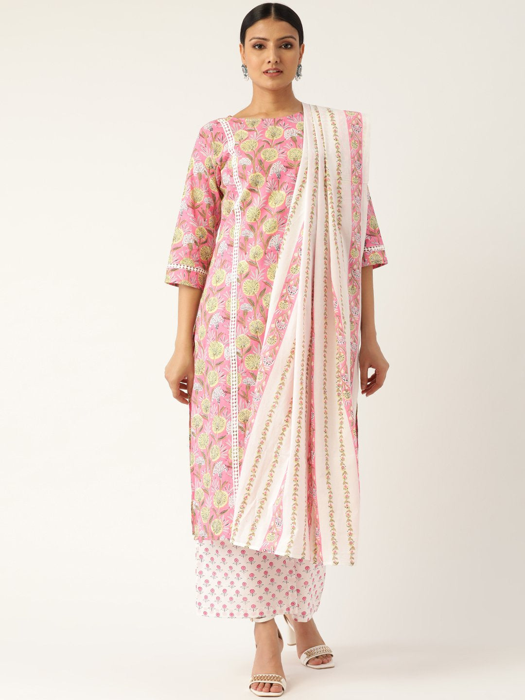 Women's Pink & Off-White Printed Kurta With Palazzos & Dupatta - Nayo Clothing