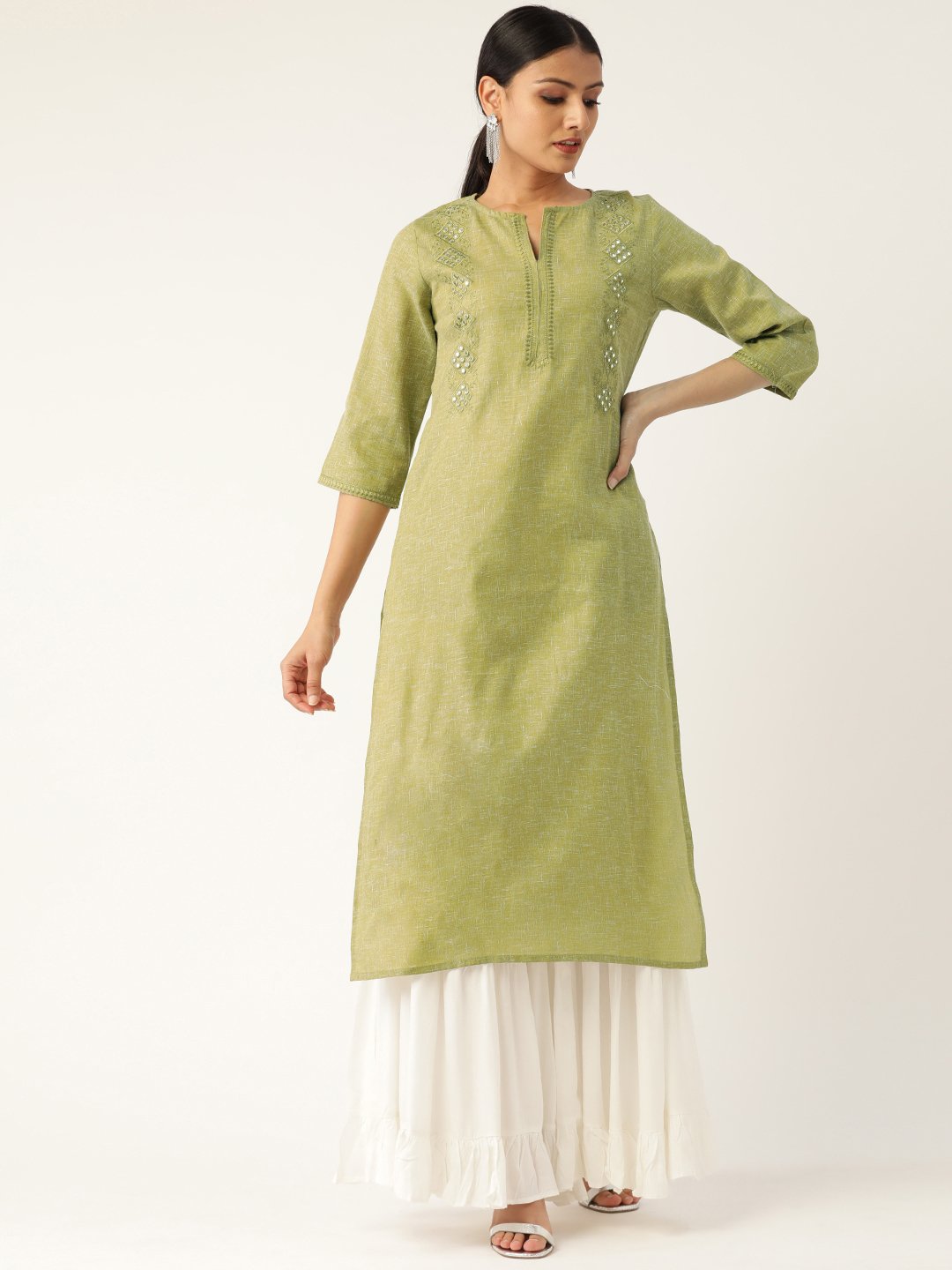 Women's Green Calf Length Three-Quarter Sleeves Straight Solid Embroidered Cotton Kurta - Nayo Clothing