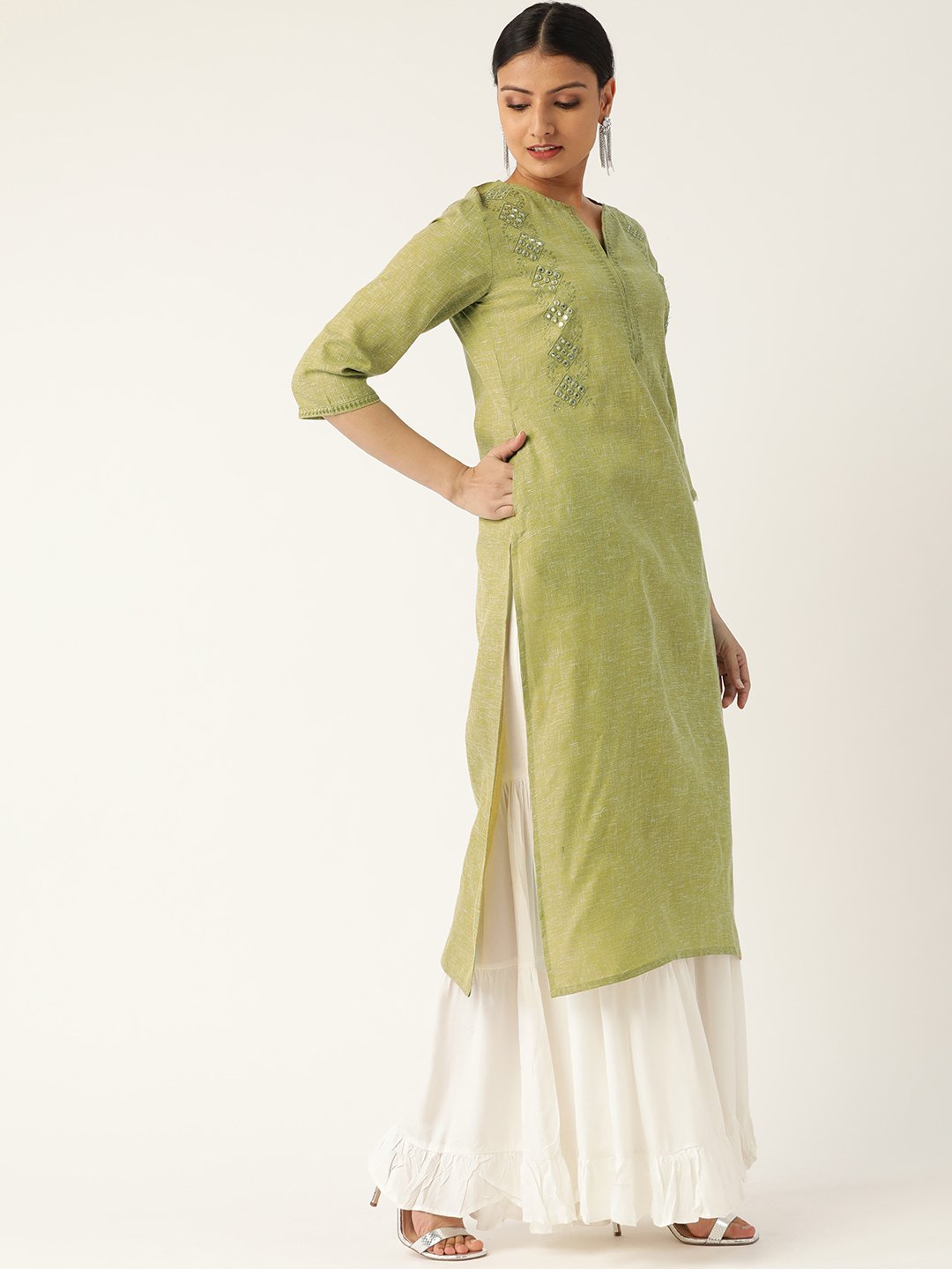 Women's Green Calf Length Three-Quarter Sleeves Straight Solid Embroidered Cotton Kurta - Nayo Clothing
