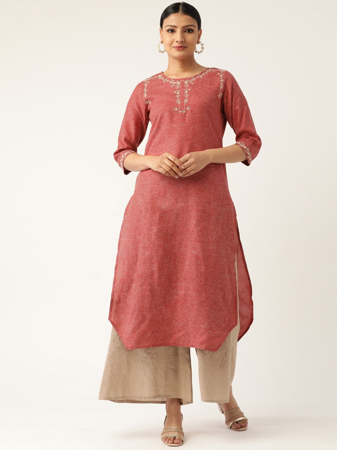 Women's Maroon Calf Length Three-Quarter Sleeves Straight Solid Embroidered Cotton Kurta - Nayo Clothing