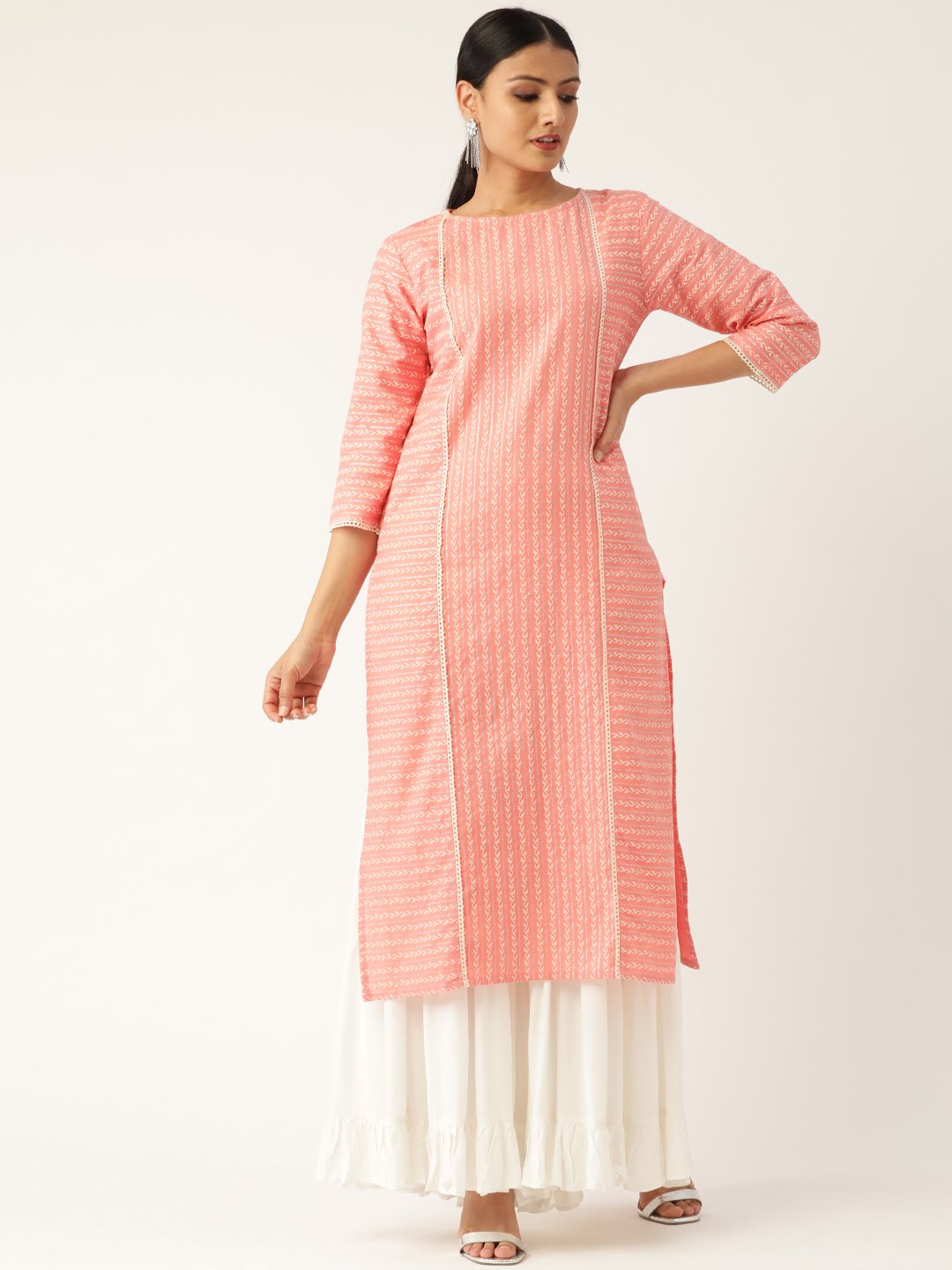 Women's Pink Calf Length Three-Quarter Sleeves Straight Striped Striped Cotton Kurta - Nayo Clothing