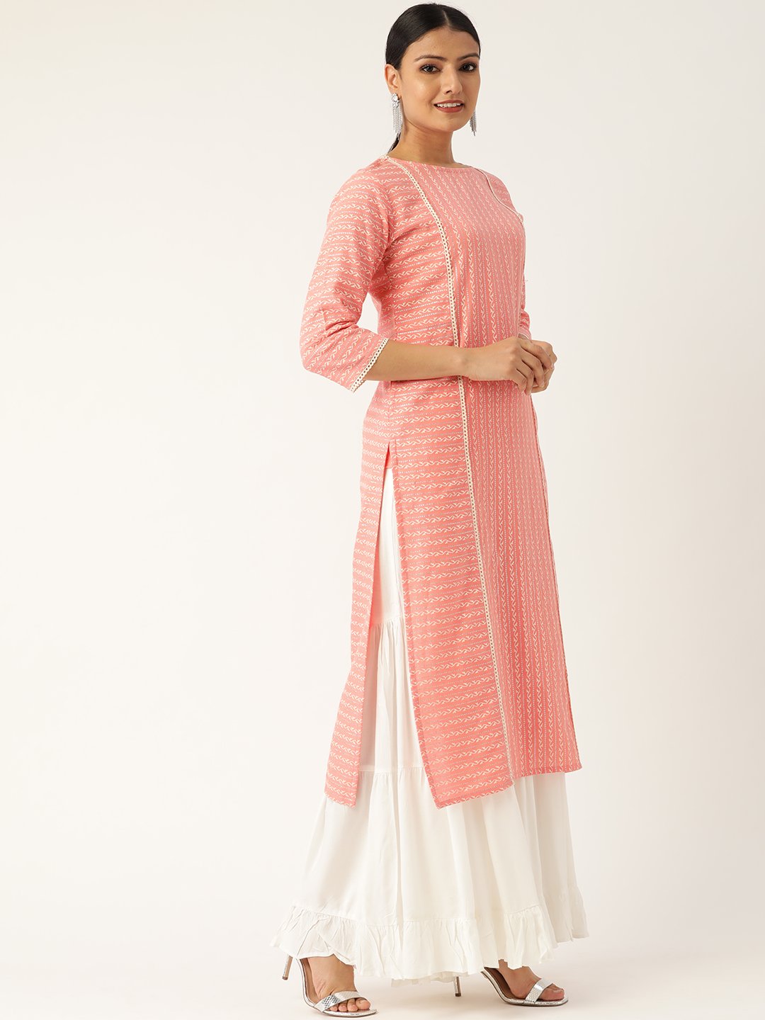 Women's Pink Calf Length Three-Quarter Sleeves Straight Striped Striped Cotton Kurta - Nayo Clothing