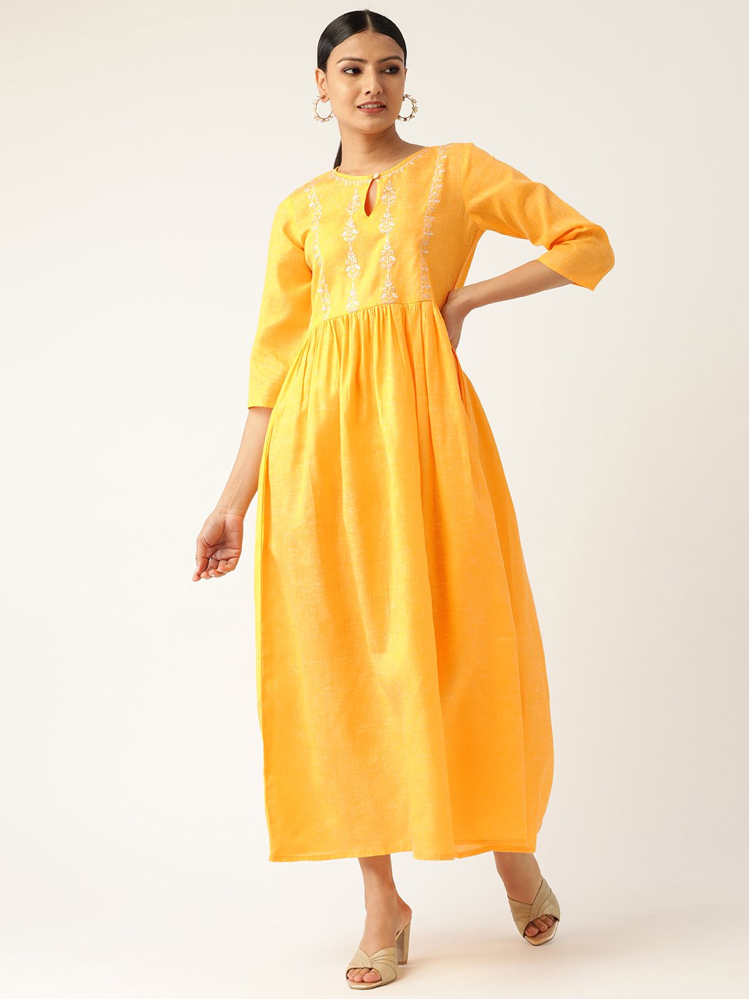 Women's Yellow Solid Solid Keyhole Neck Cotton Fit And Flare Dress - Nayo Clothing