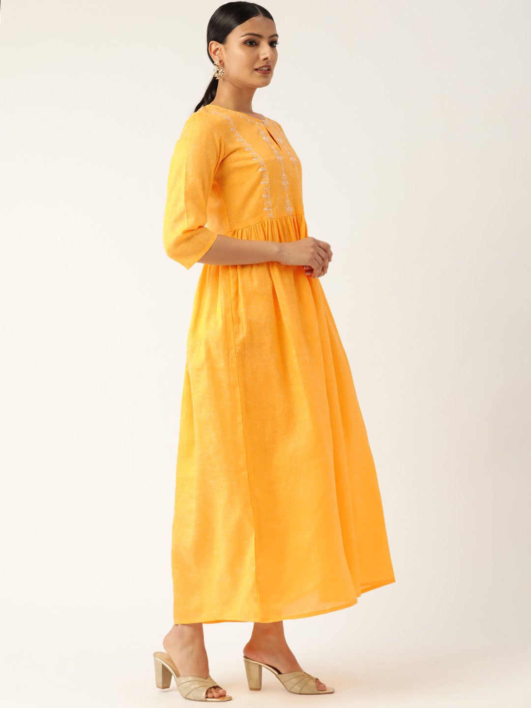Women's Yellow Solid Solid Keyhole Neck Cotton Fit And Flare Dress - Nayo Clothing