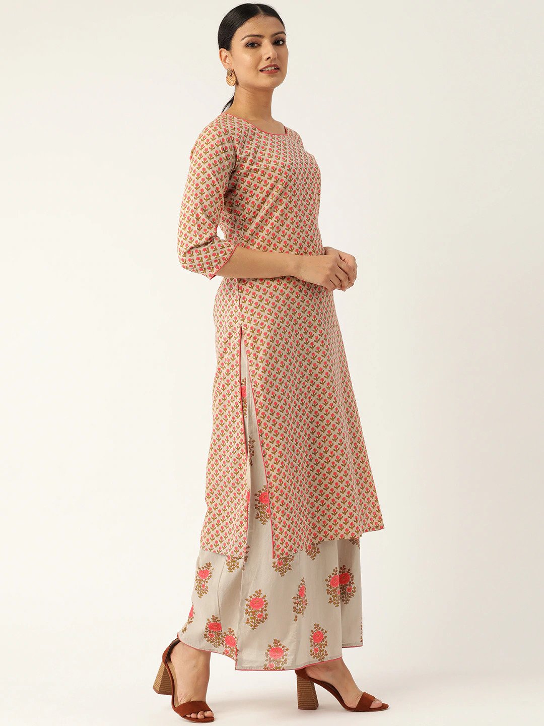 Women's Beige & Pink Printed Kurta With Palazzos - Nayo Clothing