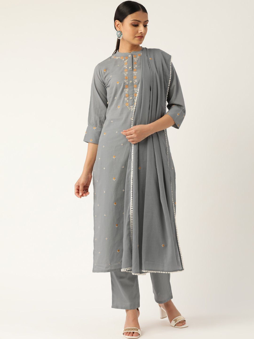 Women's Grey & Orange Embroidered Kurta With Trousers & Dupatta - Nayo Clothing