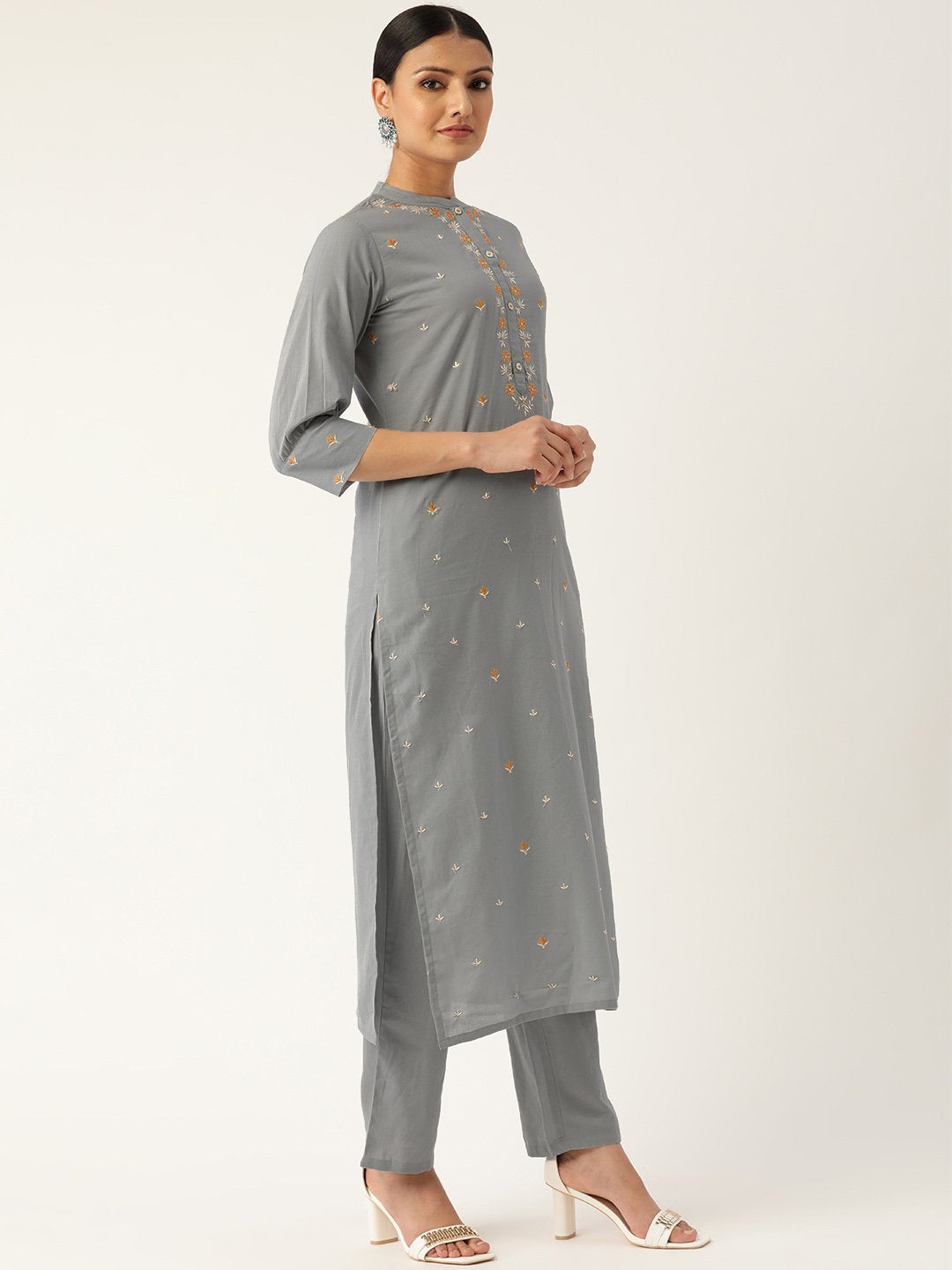 Women's Grey & Orange Embroidered Kurta With Trousers & Dupatta - Nayo Clothing