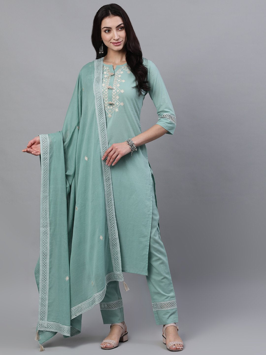 Women's Sage Green Three-Quarter Sleeves Straight Kurta Palazzo With Dupatta - Nayo Clothing