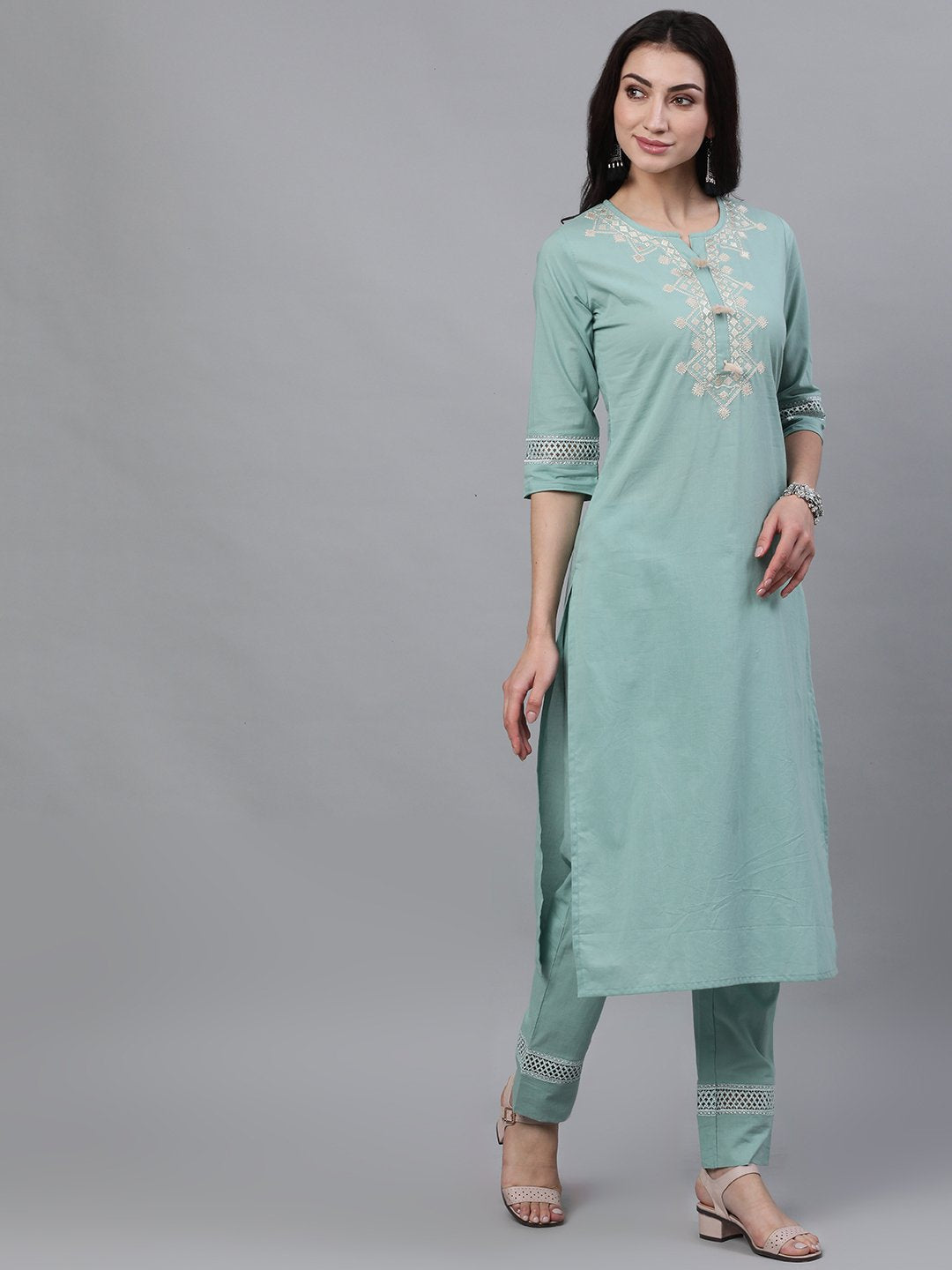 Women's Sage Green Three-Quarter Sleeves Straight Kurta Palazzo With Dupatta - Nayo Clothing