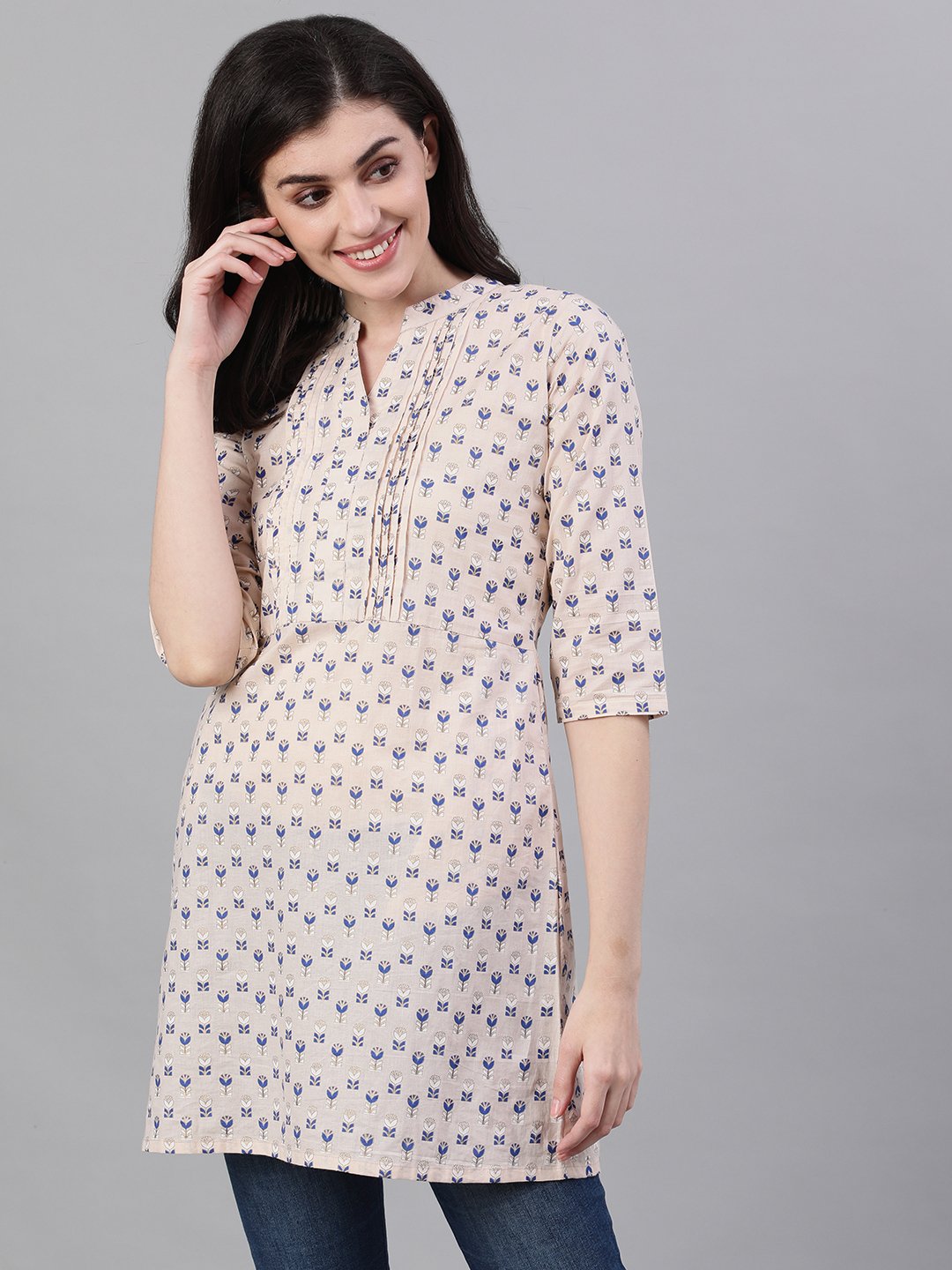 Women's Beige And Blue Pin-Tuck Tunic - Nayo Clothing