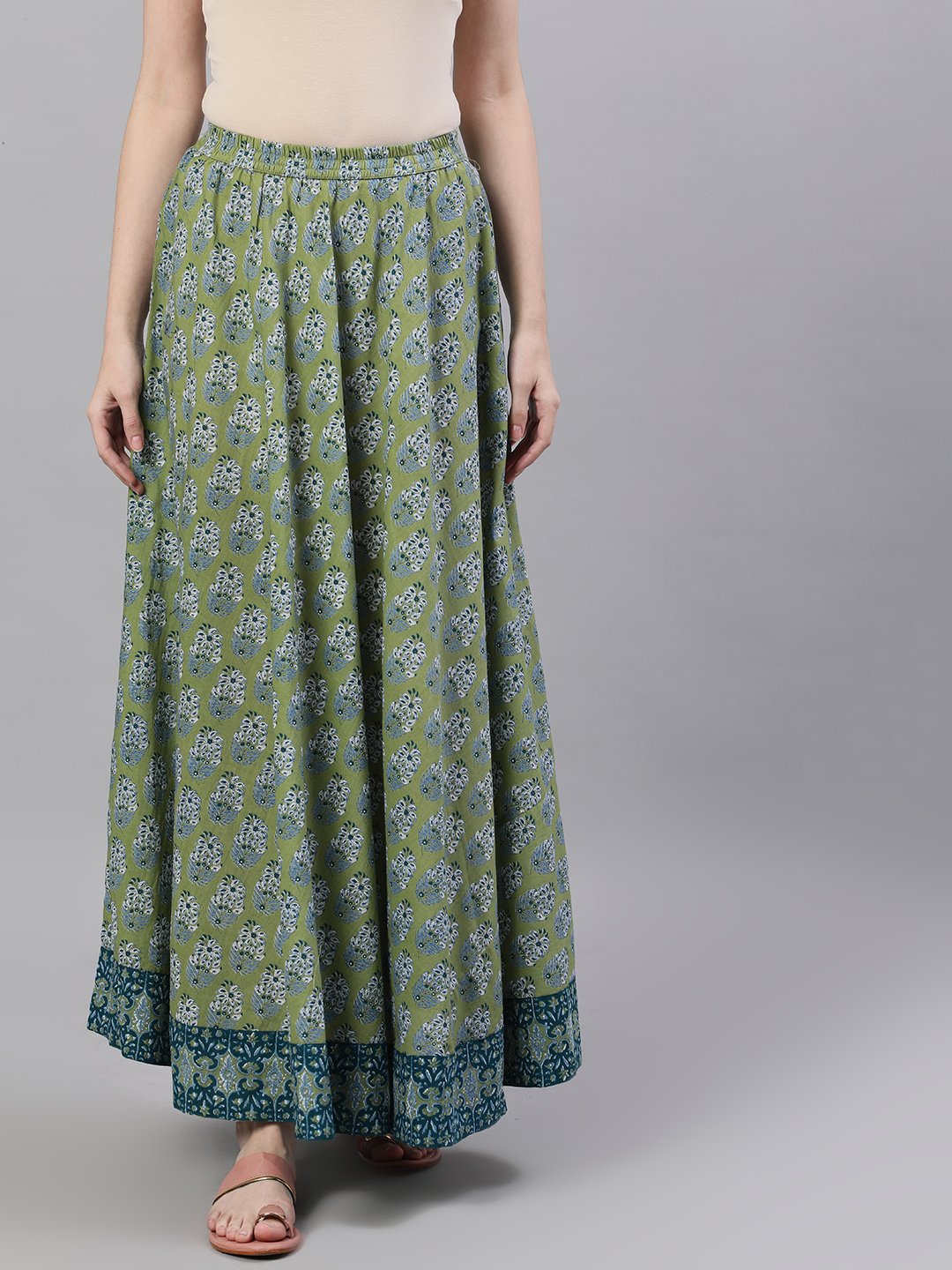 Women's Green Printed Maxi Skirt - Nayo Clothing