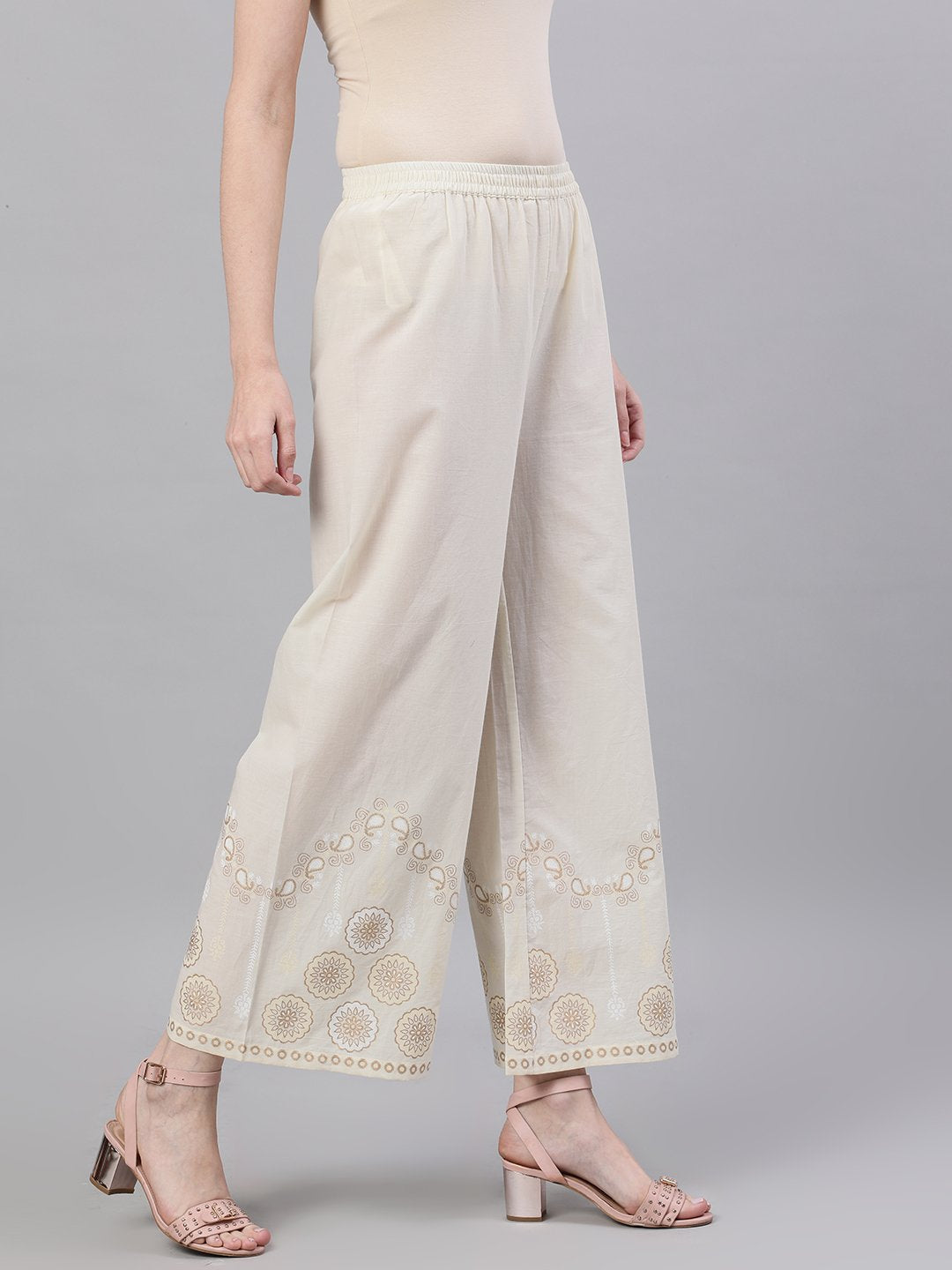 Women's Off White Trouser With Border Print - Nayo Clothing