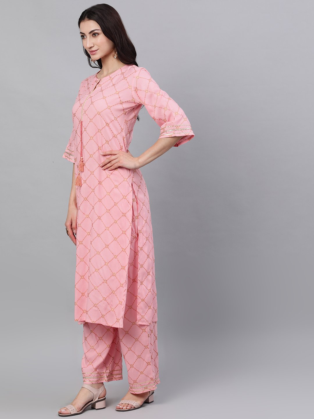 Women's Peach Three-Quarter Sleeves Straight Kurta Palazzo With Dupatta - Nayo Clothing