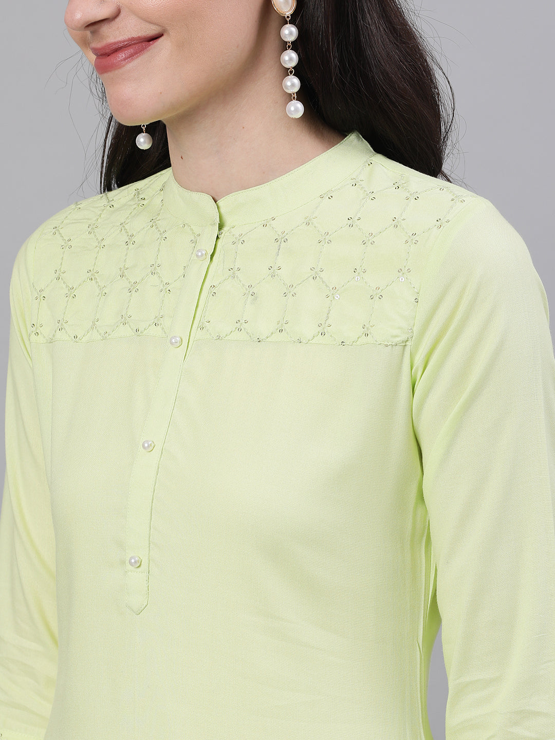 Women's Lime Green Calf Length Three-Quarter Sleeves Straight Solid Solid Viscose Rayon Kurta - Nayo Clothing