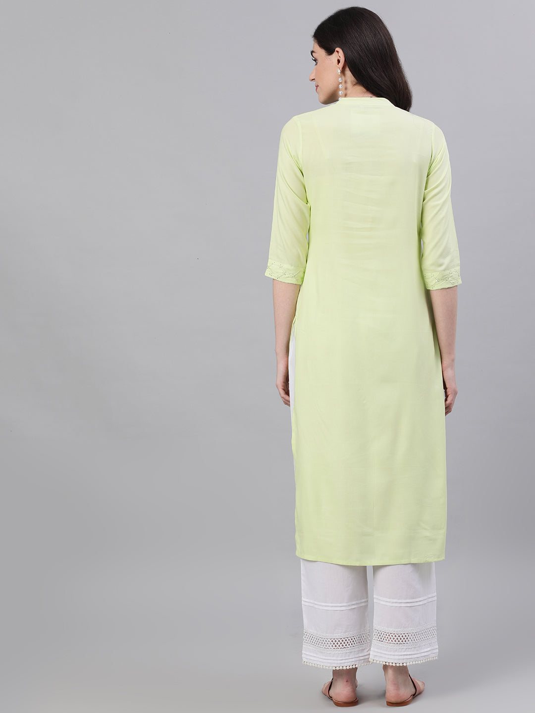 Women's Lime Green Calf Length Three-Quarter Sleeves Straight Solid Solid Viscose Rayon Kurta - Nayo Clothing