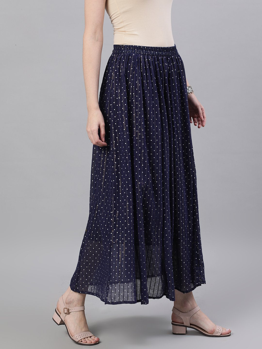 Women's Navy Blue Polka Dot Printed Maxi Skirt - Nayo Clothing