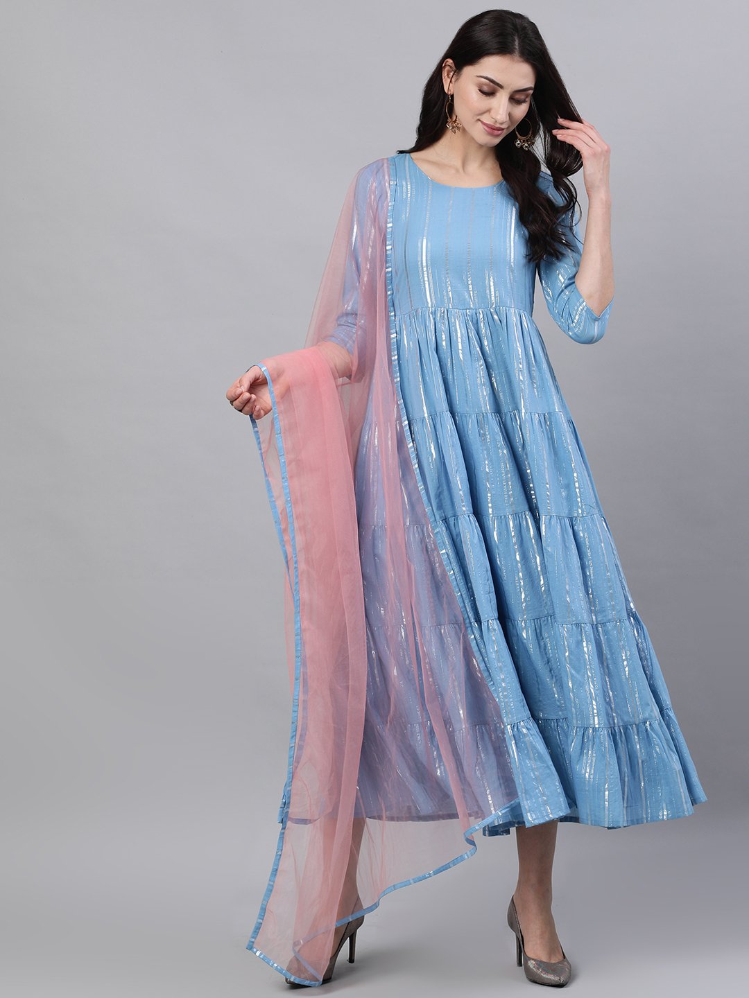 Women's Blue Solid Solid Round Neck Cotton Maxi Dress - Nayo Clothing