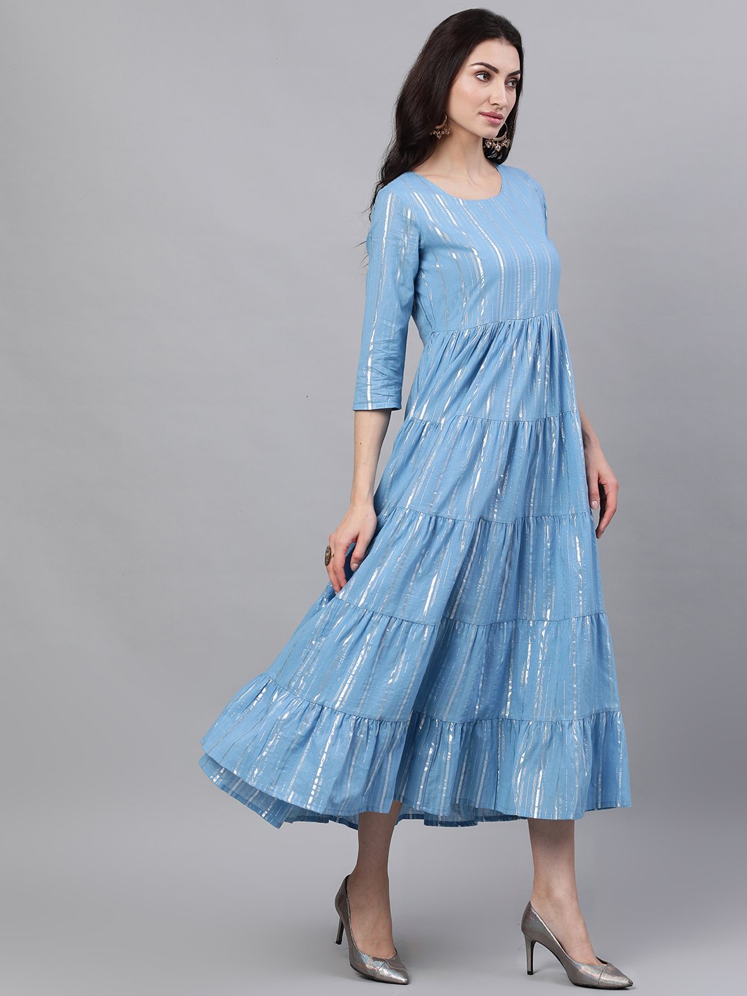 Women's Blue Solid Solid Round Neck Cotton Maxi Dress - Nayo Clothing
