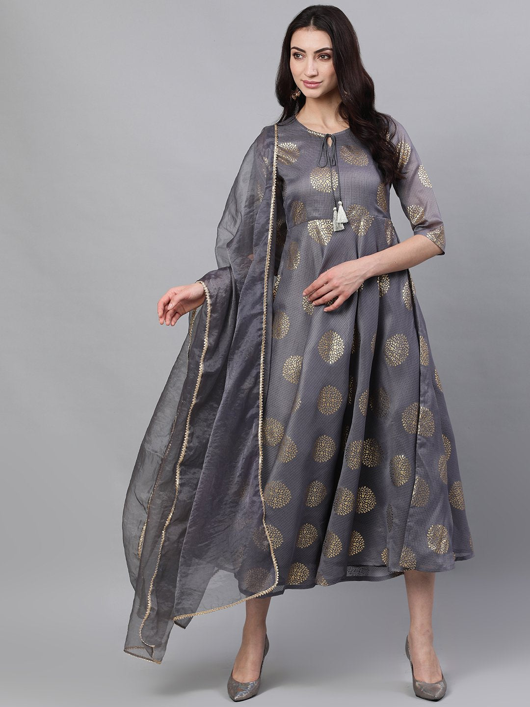 Women's Grey Ethnic Motifs Printed Tie-Up Neck Cotton Maxi Dress With Dupatta - Nayo Clothing