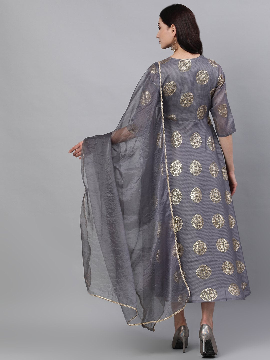 Women's Grey Ethnic Motifs Printed Tie-Up Neck Cotton Maxi Dress With Dupatta - Nayo Clothing