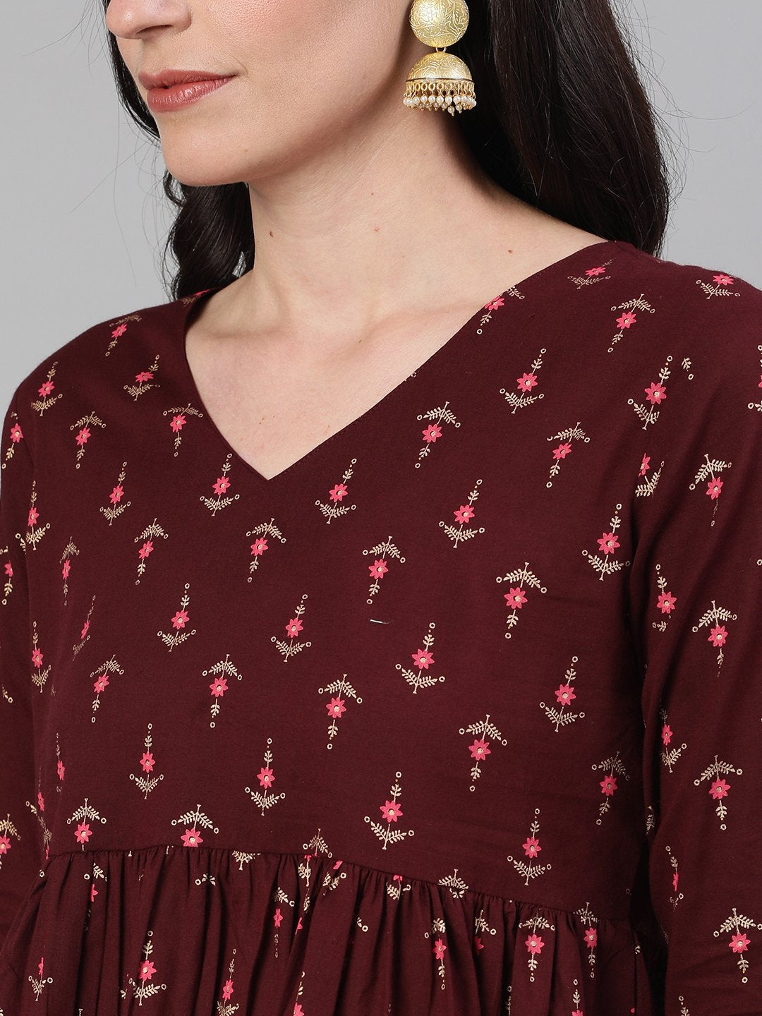 Women's Wine Elbow Sleeves Printed A line Top with Face Mask - Nayo Clothing