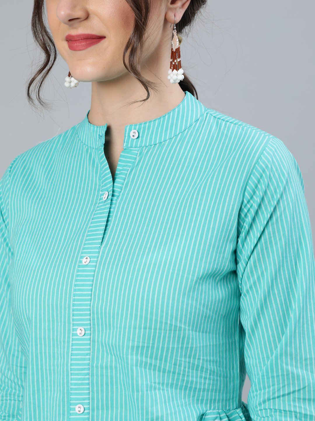 Women's Blue Stripped Top With Round Neck & Three Quarter Sleeves - Nayo Clothing
