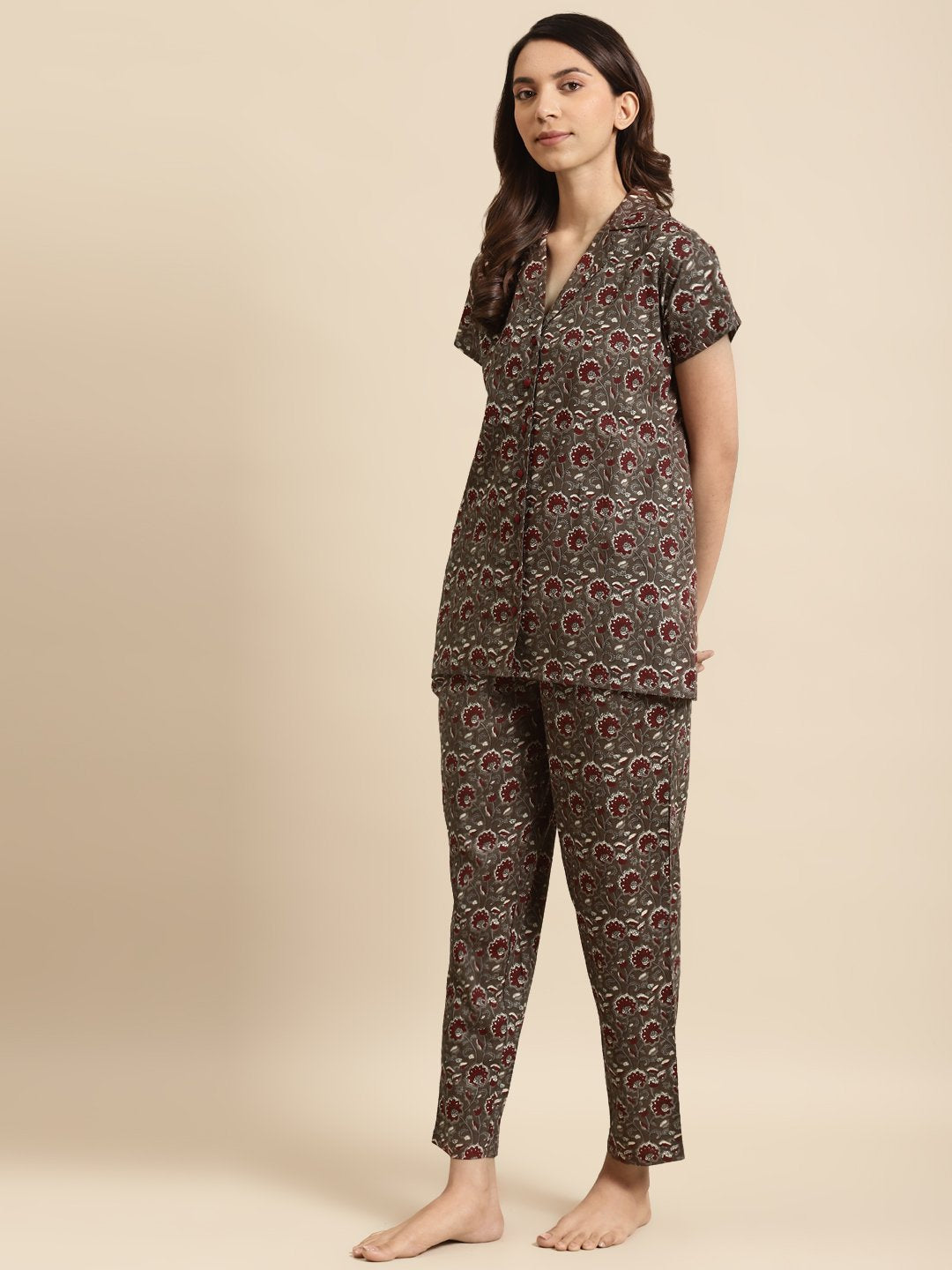 Women's Taupe & Maroon Printed Night Suit - Nayo Clothing