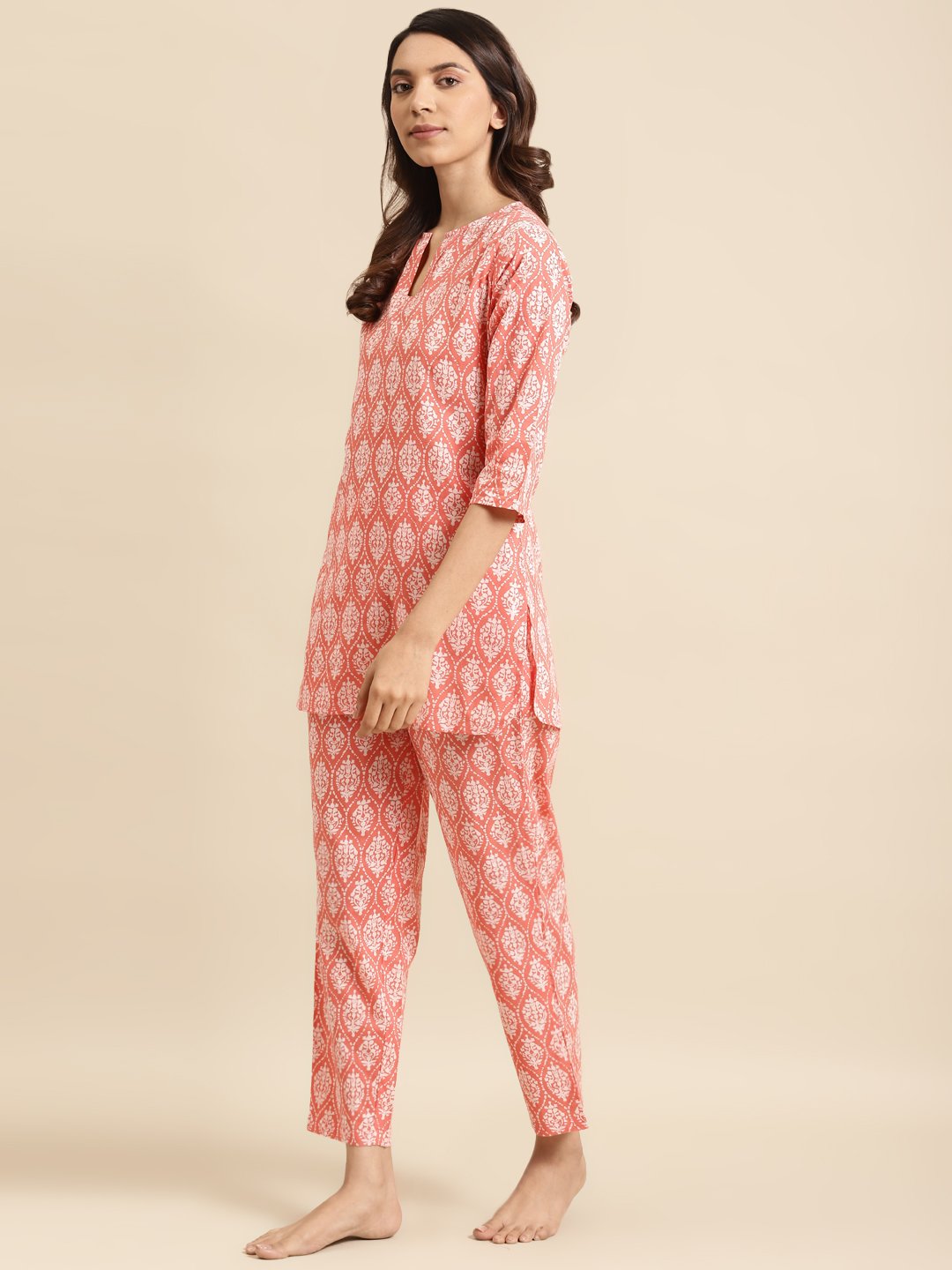 Women's Peach & Off White Printed Night Suit - Nayo Clothing