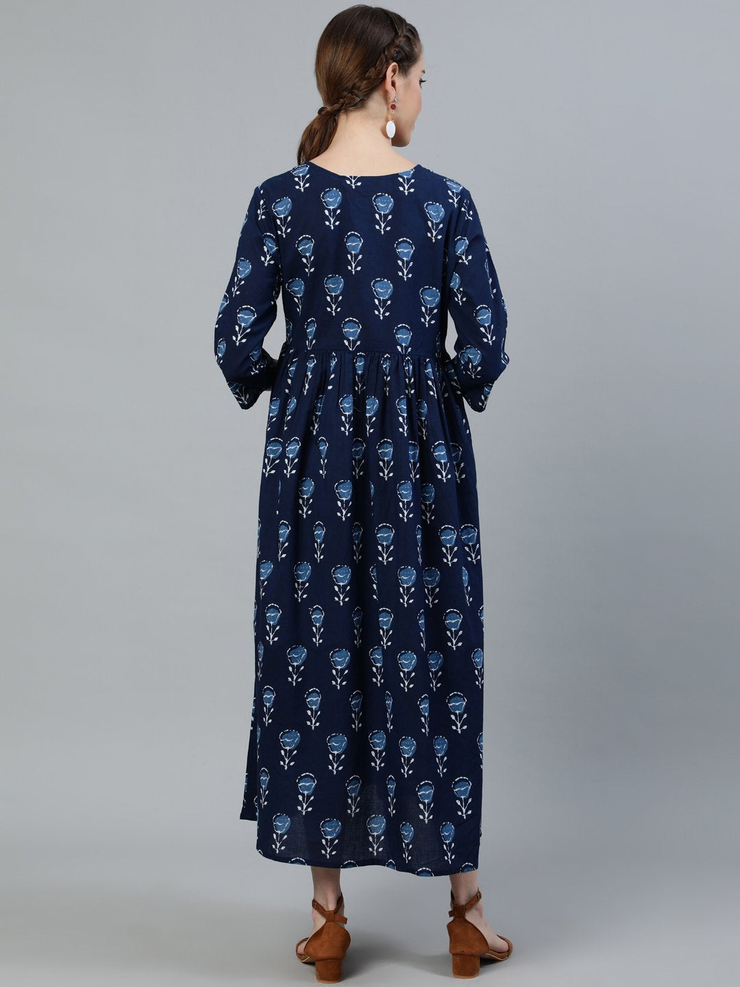 Women's Blue Indigo Printed Flared Maternity Dress With Three Quarters Sleeves - Nayo Clothing