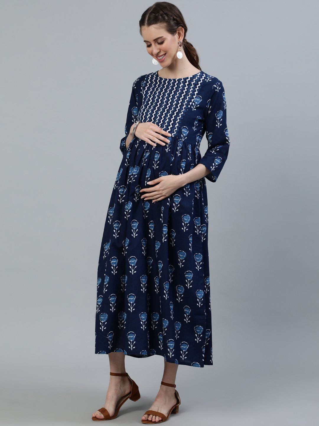Women's Blue Indigo Printed Flared Maternity Dress With Three Quarters Sleeves - Nayo Clothing