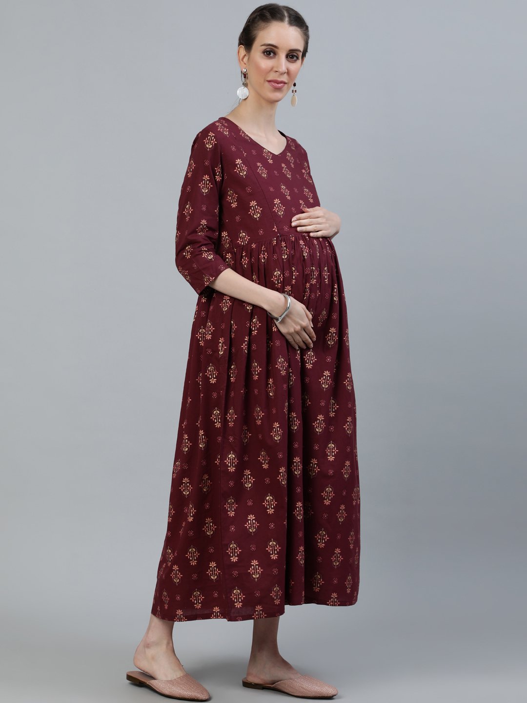 Women's Maroon Printed Flared Maternity Dress With Three Quarters Sleeves & Belt - Nayo Clothing