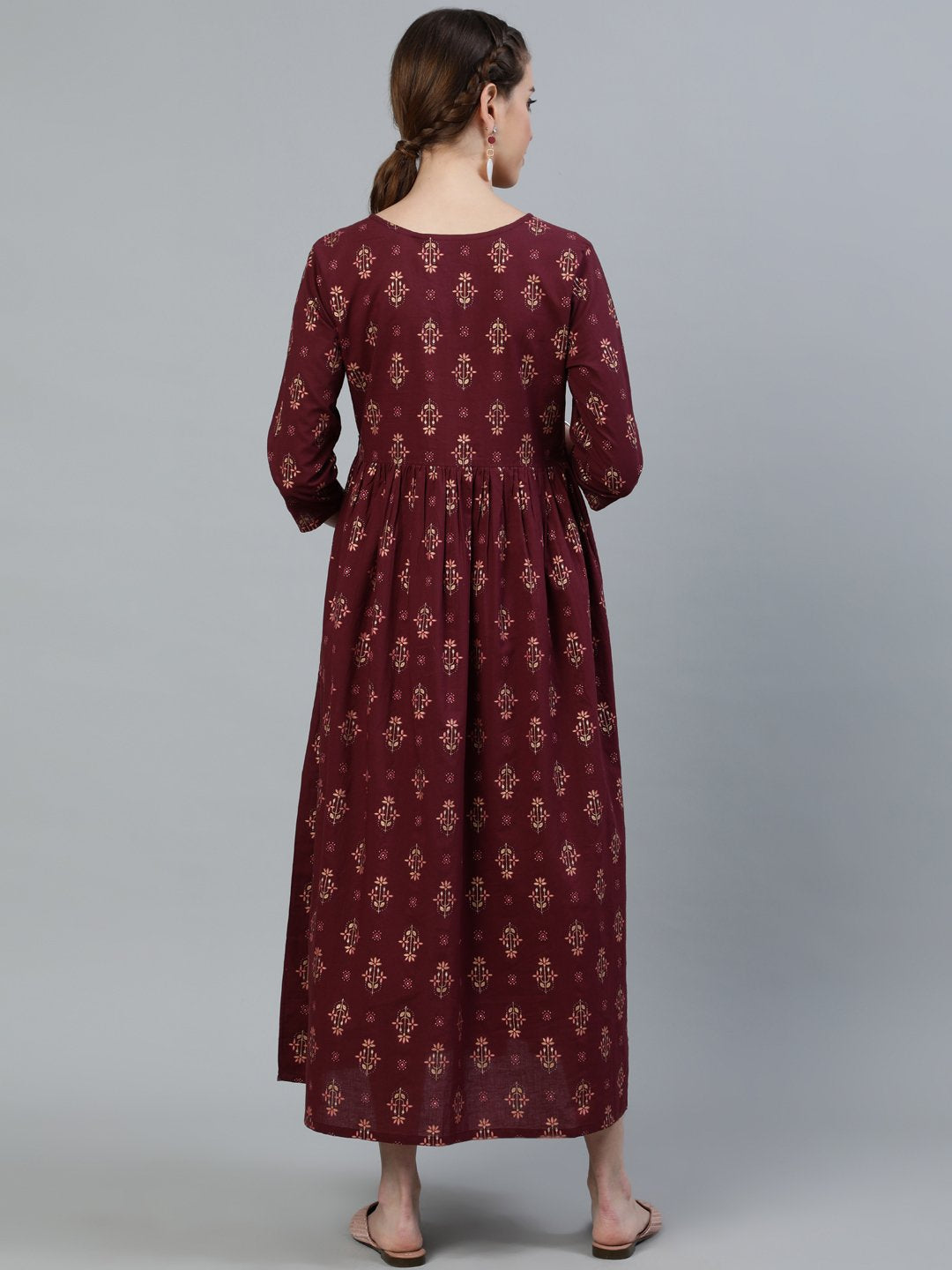 Women's Maroon Printed Flared Maternity Dress With Three Quarters Sleeves & Belt - Nayo Clothing