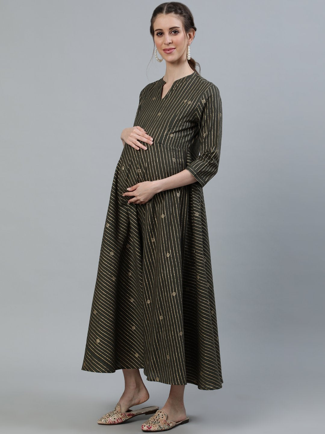 Women's Grey & Off-White Printed Maternity Dress With Three Quarter Sleeves - Nayo Clothing