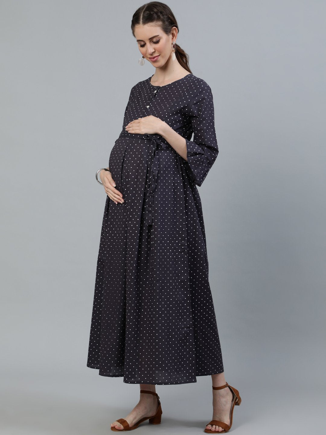 Women's Taupe Polka Dots Maternity Dress With Belt - Nayo Clothing