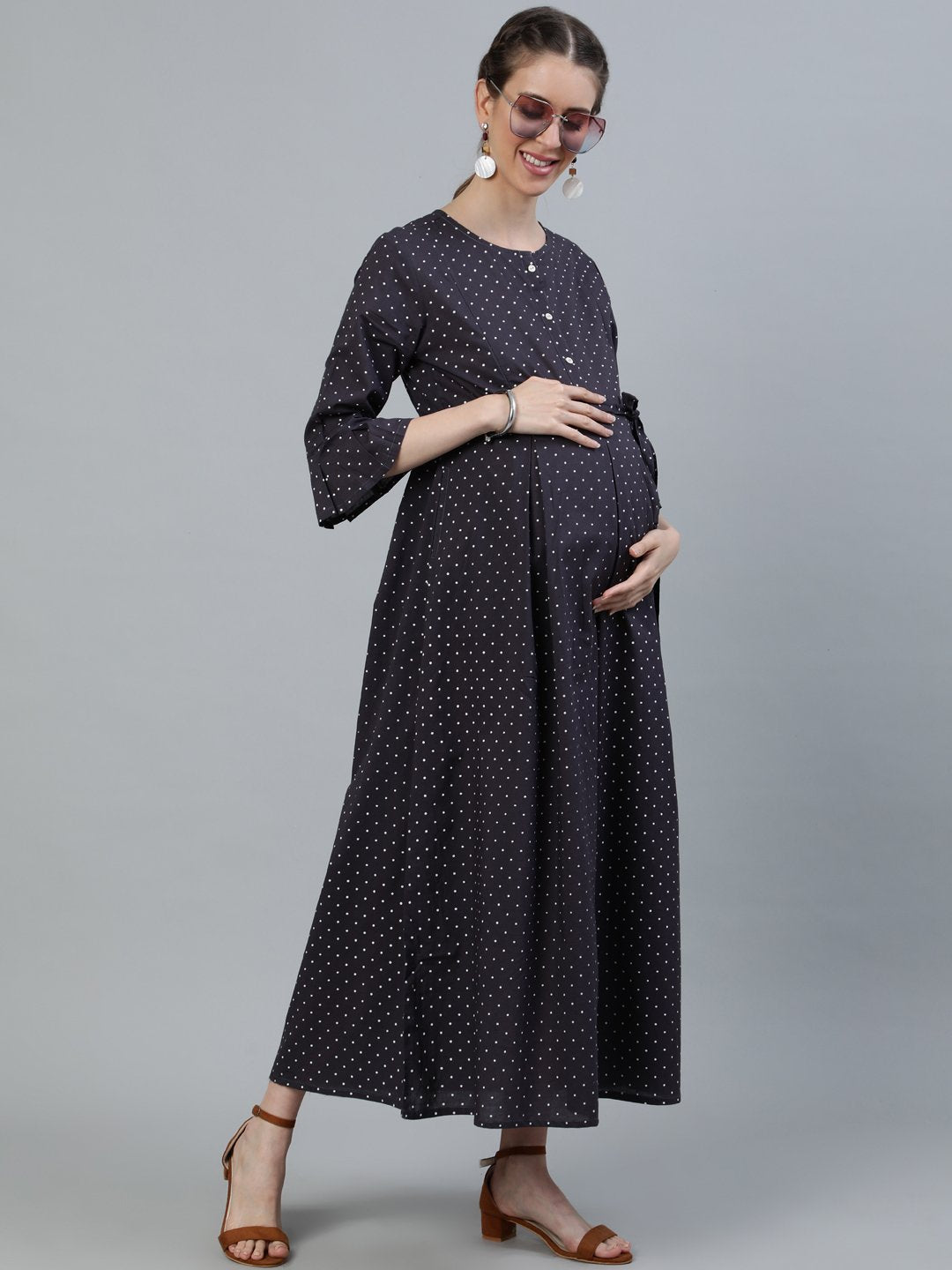 Women's Taupe Polka Dots Maternity Dress With Belt - Nayo Clothing
